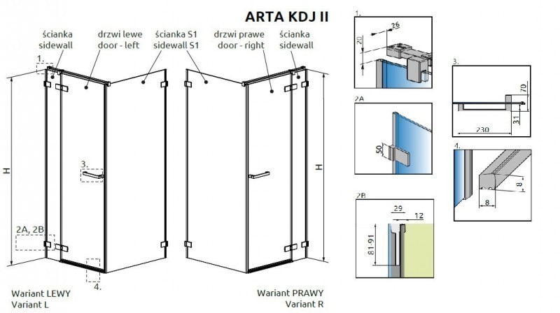 Radaway Arta KDJ II kabina prostokątna 130x70 drzwi wahadłowe prawe + ścianka chrom przeźroczyste Easy Clean 386457-03-01R + 386045-03-01R + 386019-03-01