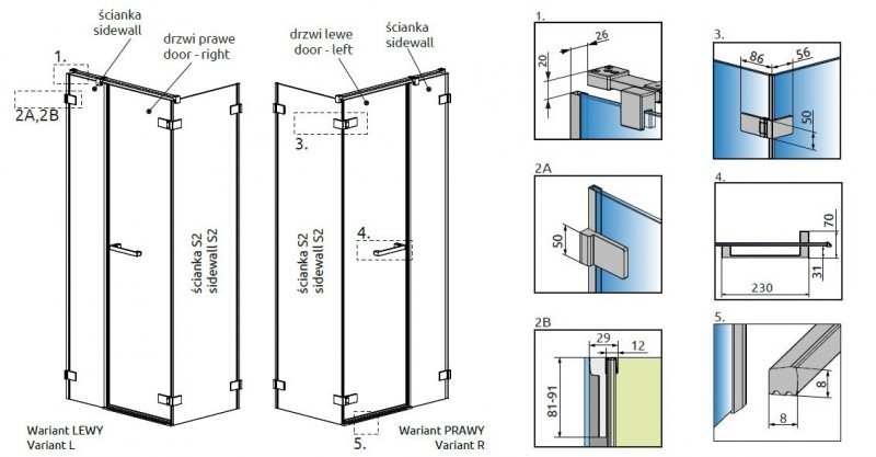 Radaway Arta KDS II kabina prostokątna 80x90 prawa drzwi wahadłowe chrom przeźroczyste Easy Clean 386521-03-01L + 386101-03-01 + 386110-03-01