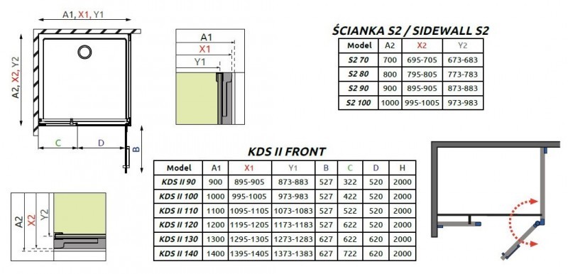 Radaway Arta KDS II kabina prostokątna 90x80 lewa drzwi wahadłowe chrom przeźroczyste Easy Clean 386521-03-01R + 386101-03-01 + 386110-03-01