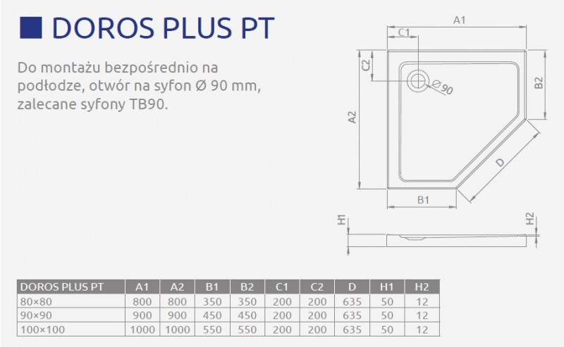 Radaway Doros Plus PT brodzik pentagonalny z wypełnieniem 80x80 SDRPTP8080-01
