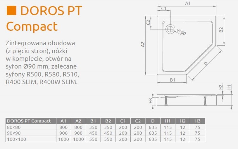 Radaway Doros PT Compact brodzik pentagonalny akrylowy 100x100 ze zintegrowaną obudową SDRPT1010-05