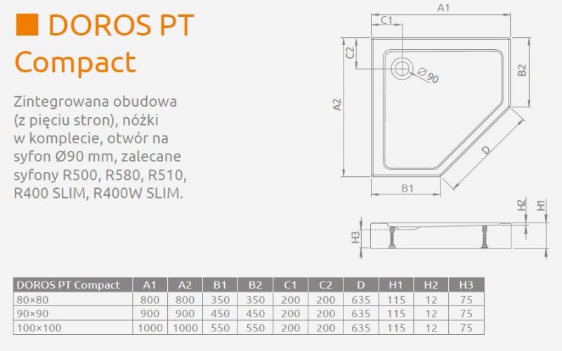Radaway Doros PT Compact brodzik pentagonalny akrylowy 80x80 ze zintegrowaną obudową SDRPT8080-05