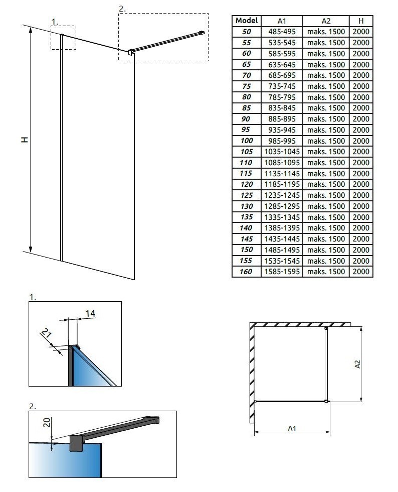 Radaway Modo New Black II kabina typu Walk-In 60 czarny przeźroczyste Easy Clean 389064-54-01