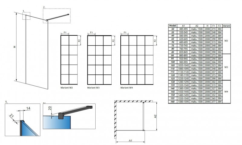 Radaway Modo New Black II Factory kabina typu Walk-In 50 cm czarny krata Easy Clean 389054-54-55