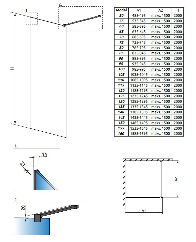 Radaway Modo New Black II kabina typu Walk-In 50 czarny przeźroczyste Easy Clean 389054-54-01