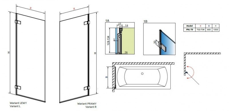 Radaway Arta PNJ parawan nawannowy jednoczęściowy 70 cm prawy chrom przeźroczyste Easy Clean 210101-01R