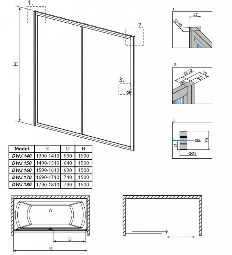 Radaway Vesta DWJ zabudowa nawannowa 140 cm chrom fabric 209114-01-06