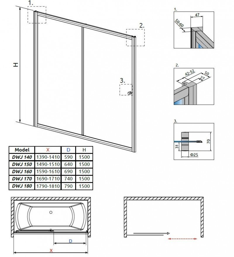 Radaway Vesta DWJ zabudowa nawannowa 180 cm chrom przeźroczyste 209118-01-01
