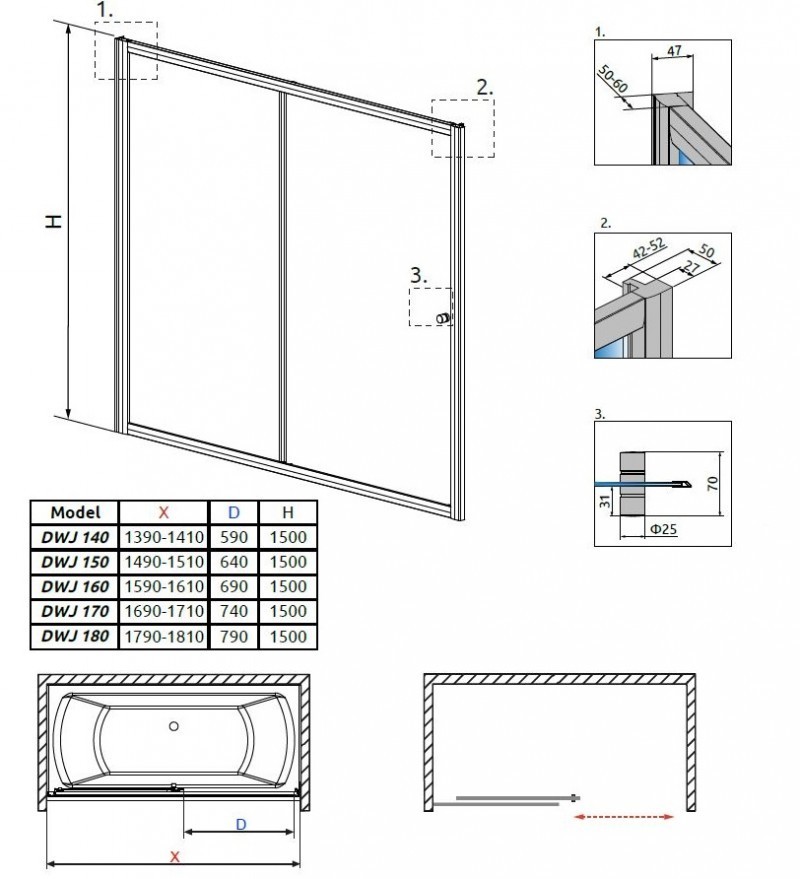 Radaway Vesta DWJ zabudowa nawannowa 160 cm chrom przeźroczyste 209116-01-01