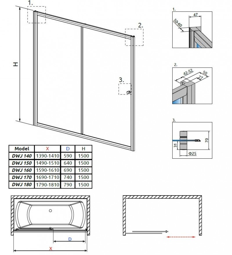 Radaway Vesta DWJ zabudowa nawannowa 140 cm chrom przeźroczyste 209114-01-01
