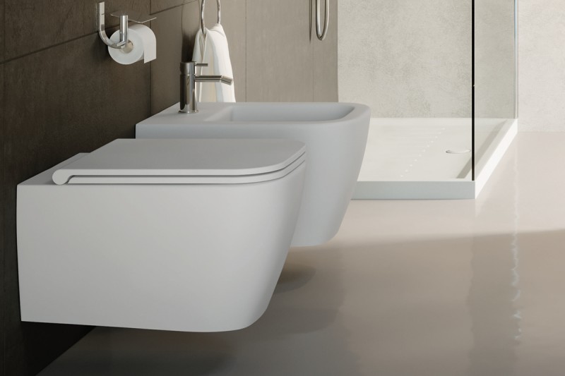 Esedra Quadra muszla wisząca bezkołnierzowa + deska slim wolnoopadająca biały połysk CESD.WCSQDR + CESD.CWQDRF