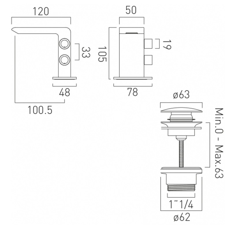 Vado Omika bateria umywalkowa mini z korkiem klik-klak chrom OMI-100M/CC-C/P