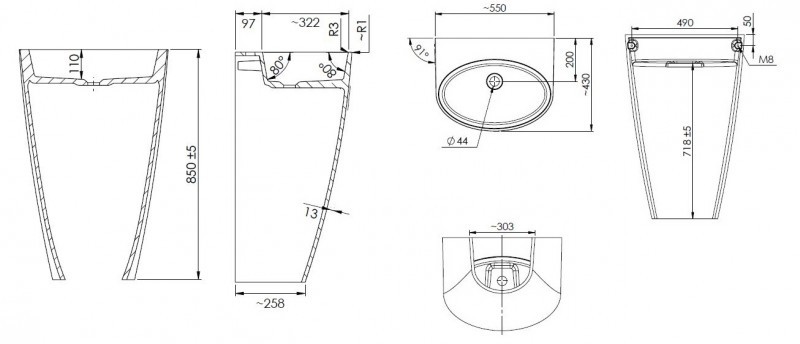 Omnires SIENA Marble+ umywalka wolnostojąca bez otworu 55x43 lany marmur czarny/biały SIENAUWBOBCP