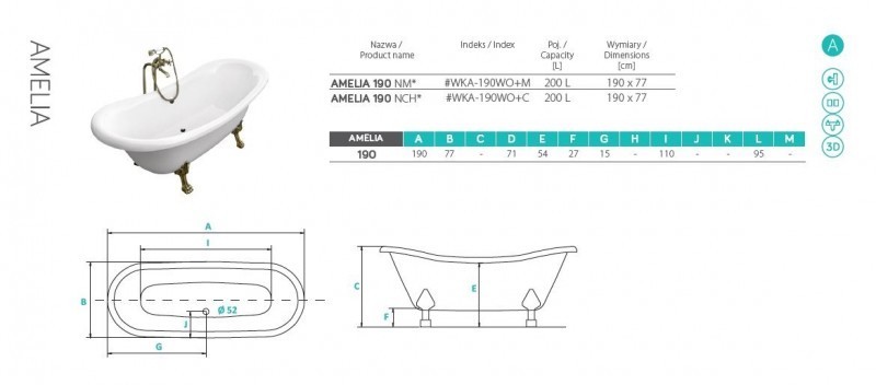 BESCO Amelia wanna wolnostojąca 190x77 biały + nogi białe WKA-190WO+A