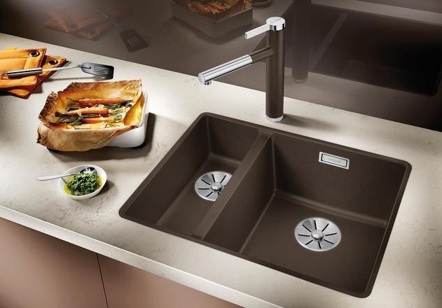 Blanco Subline 340/160-U Silgranit PuraDur II zlewozmywak granitowy prawy z korkiem InFino 1,5 komory podwieszany kolor szarość skały 523559