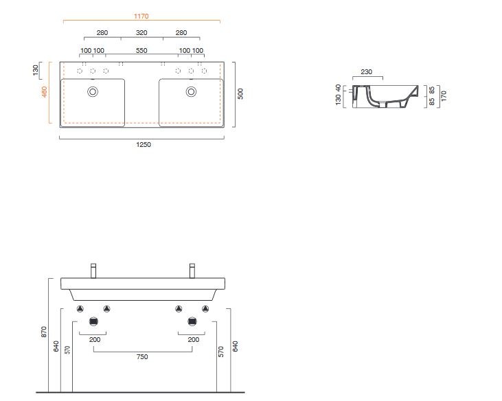 Catalano New Zero 125 umywalka podwójna z blatem 125x50 biały Cataglaze 1125ZEDUP00