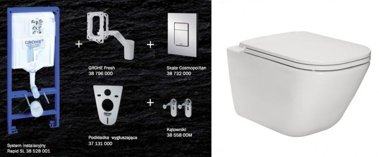 Grohe + Roca Gap RimClean - Zestaw 7w1 - kompletny stelaż + muszla + deska wolnoopadająca slim