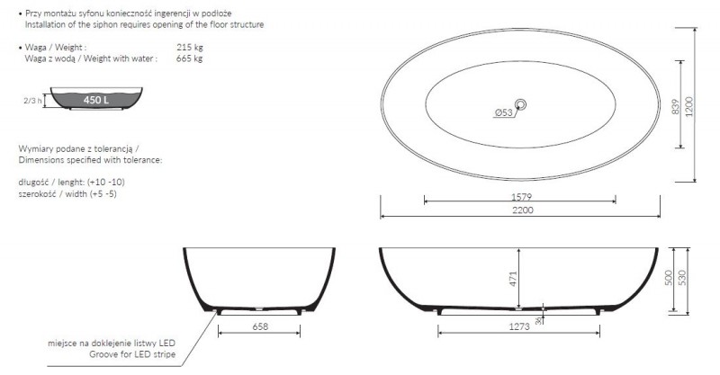 Marmorin Beca wanna wolnostojąca z obudową 220x120 cm Mineralicast P_W_540_01_2200
