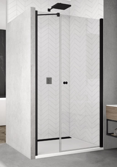 Sanswiss Solino Black Line drzwi wahadłowe jednoczęściowe ze ścianką stałą w linii 90 cm do wnęki lub ścianki czarny mat przeźroczyste SOL3109000607