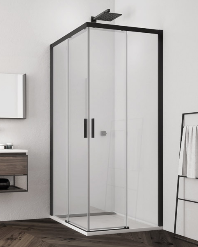 Sanswiss Top Line Black Line kabina kwadratowa 90x90 cm wejście narożne z drzwiami przesuwnymi czarny mat przeźroczyste