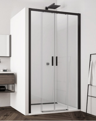 Sanswiss Top Line Black Line drzwi przesuwne czteroczęściowe 120 cm do wnęki lub ścianki czarny mat przeźroczyste TLS41200607