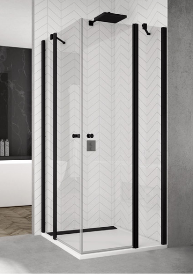 Sanswiss Solino Black Line drzwi otwierane jednoczęściowe ze ścianką stałą w linii 75 cm do wnęki lub ścianki czarny mat przeźroczyste SOL1307500607