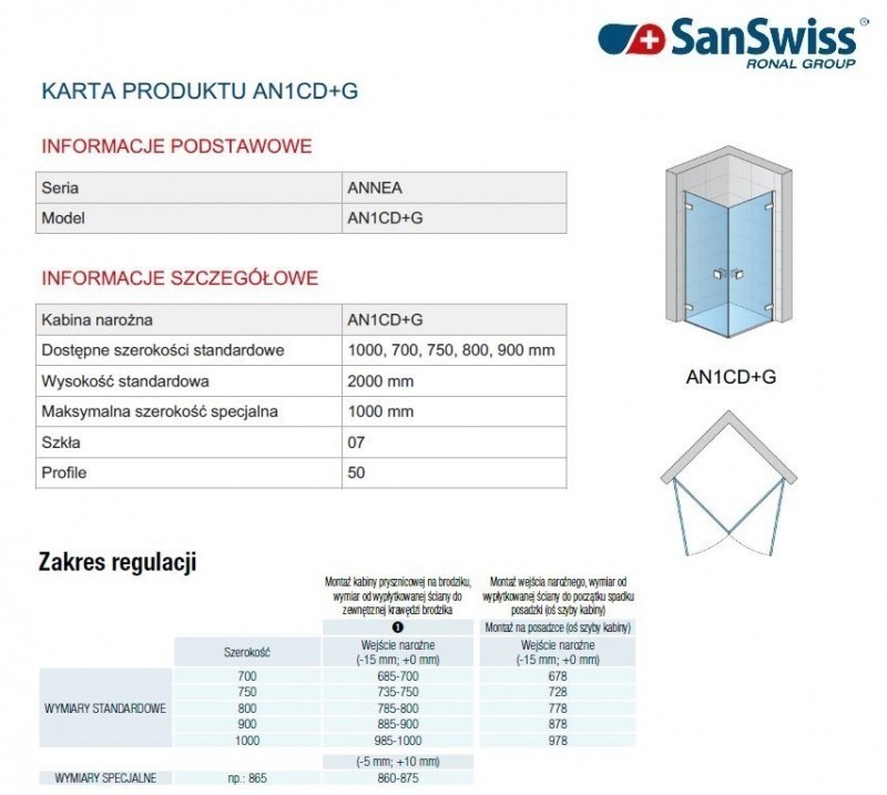 Sanswiss Annea kabina prostokątna 75x80 wejście narożne srebrny połysk przeźroczyste AN1CG07505007+AN1CD08005007