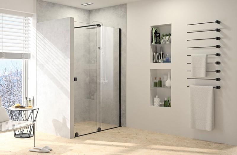 Huppe Xtensa Pure Black Edition drzwi suwane WALK-IN 120-140 cm prawe czarny mat przeźroczyste Anti-Plaque XT0205.123.322