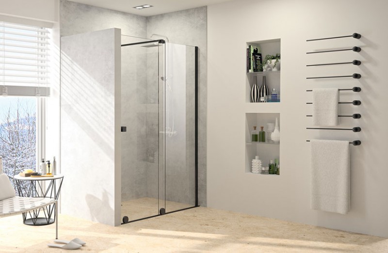 Huppe Xtensa Pure Black Edition drzwi suwane WALK-IN 110-120 cm lewe czarny mat przeźroczyste Anti-Plaque XT0103.123.322
