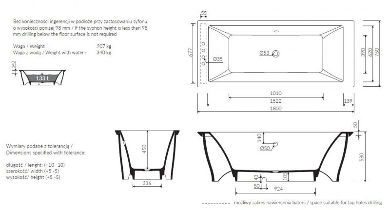 Marmorin Teodor II wanna wolnostojąca z czarną obudową 180x75 Mineralicast P_P_084_05_1685