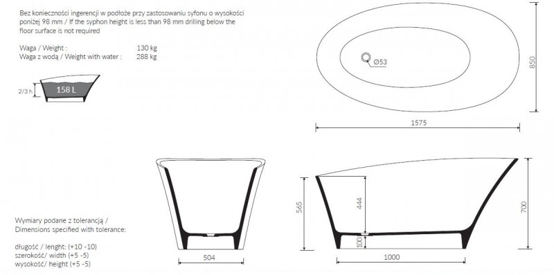 Marmorin Sofi wanna wolnostojąca 157,5x85 Mienralicast P_W_556_02_1575