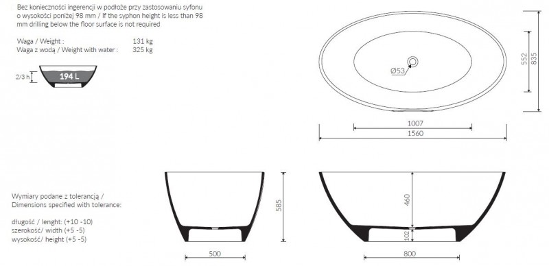 Marmorin Selia wanna wolnostojąca 156x83,5 Mineralicast P_W_075_03_1560