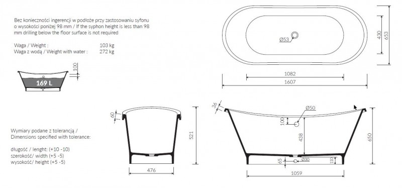 Marmorin Pia wanna wolnostojąca 160x65 Mineralicast P_W_070_05_1607