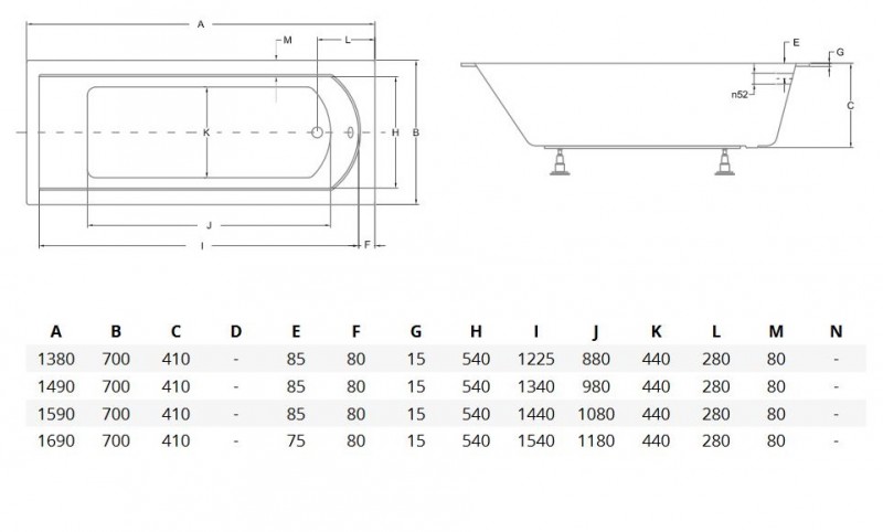 BESCO Shea Slim wanna prostokątna 140x70 z płaskim rantem akryl biały WAS-140-SL