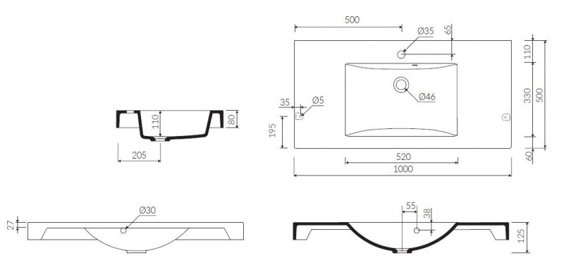 Marmorin Moira Bis 100 umywalka z otworem 100x50 cm Mineralicast P_U_059_07_1000