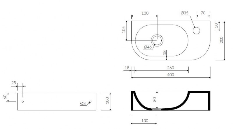 Marmorin Elara 2 umywalka mała z otworem 40x20 cm Mineralicast 400 040 020 011