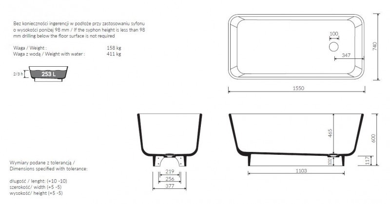 Marmorin Balta wanna wolnostojąca z czarną podstawą 155x74 cm Mineralicast P_W_009_03_1550