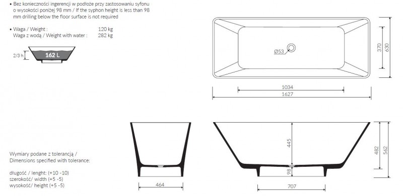 Marmorin Loren wanna wolnostojąca 163x63 Mineralicast P_W_056_02_1627