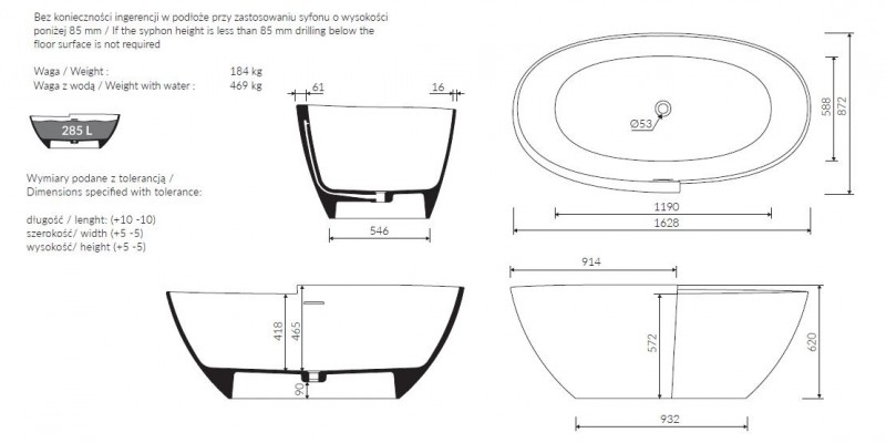 Marmorin Zora wanna wolnostojąca 163x87 Mineralicast P_W_531_01_1628