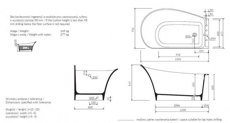 Marmorin Misa R wanna narożna PRAWA 155x91,6 Mineralicast P_W_057_03_1553