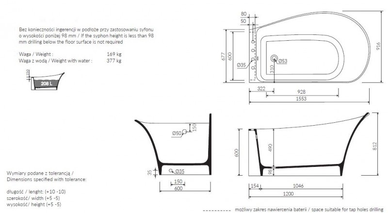 Marmorin Misa L wanna narożna LEWA 155x91,6 Mineralicast P_W_057_02_1553