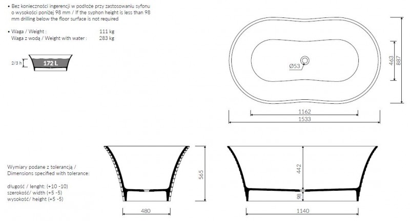 Marmorin Cascada wanna wolnostojąca 153x89 Mineralicast P_W_013_03_1533