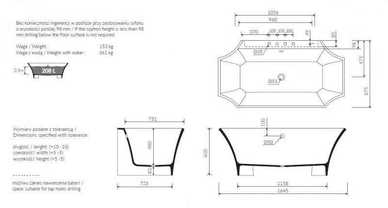 Marmorin La Donna wanna wolnostojąca retro 164,5x87,5 Mineralicast P_W_048_02_1645