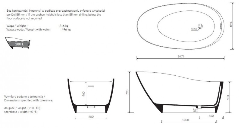 Marmorin Mia wanna wolnostojąca 168x85 Mineralicast P_W_557_01_1678
