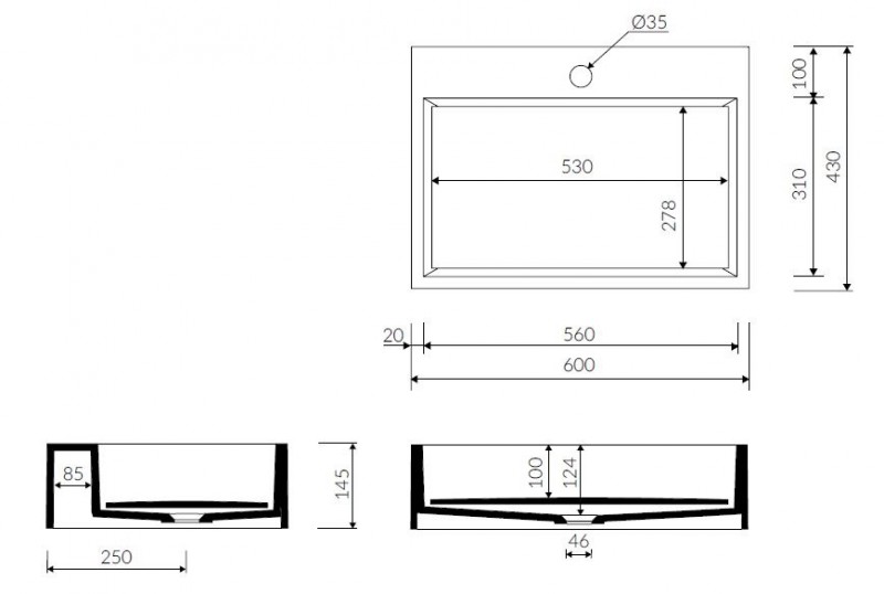 Marmorin Modico umywalka z otworem 60x43 cm Mineralicast 350 060 020 011