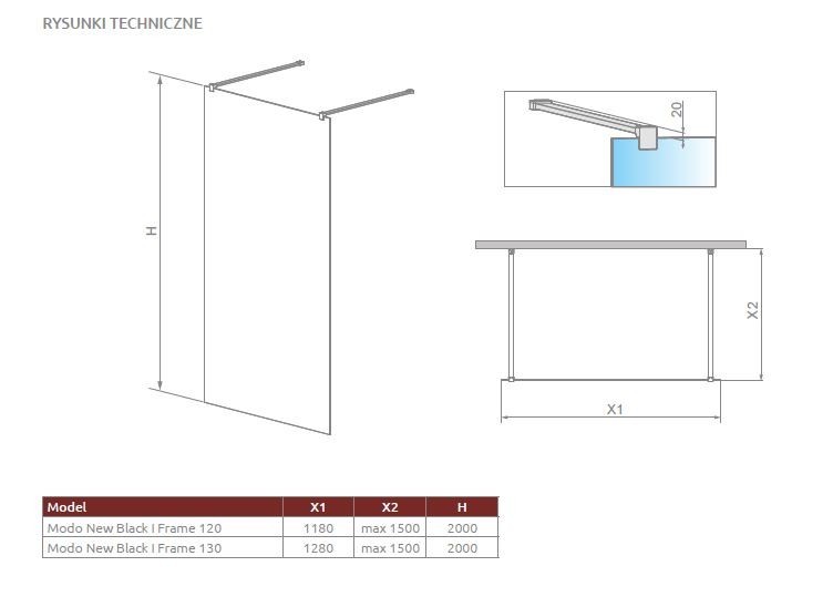 Radaway Modo New Black Frame I kabina typu Walk-In 130 profil czarny przeźroczyste Easy Clean 388134-54-58