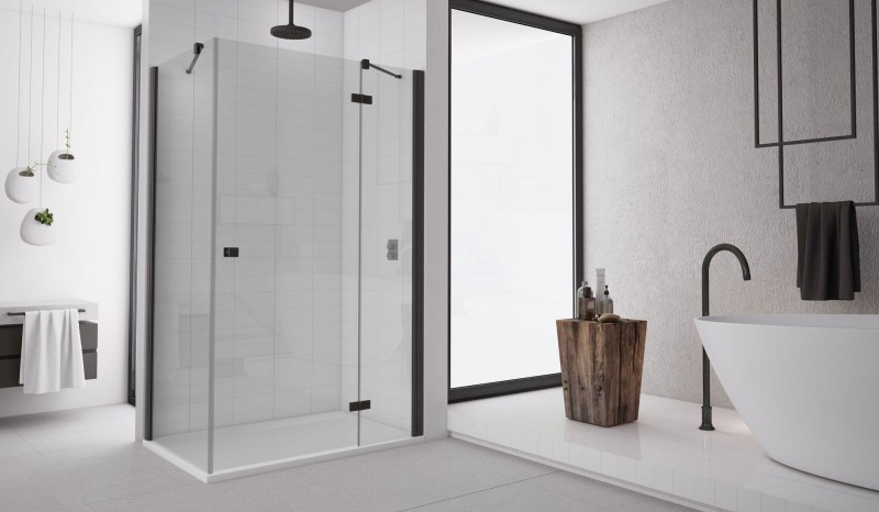 Sanswiss Annea Black Line drzwi otwierane jednoczęściowe ze ścianką stałą w linii PRAWE 90 cm do wnęki lub ścianki czarny mat przeźroczyste AN13D09000607