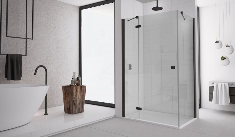 Sanswiss Annea Black Line drzwi otwierane jednoczęściowe ze ścianką stałą w linii LEWE 100 cm do wnęki lub ścianki czarny mat przeźroczyste AN13G10000607