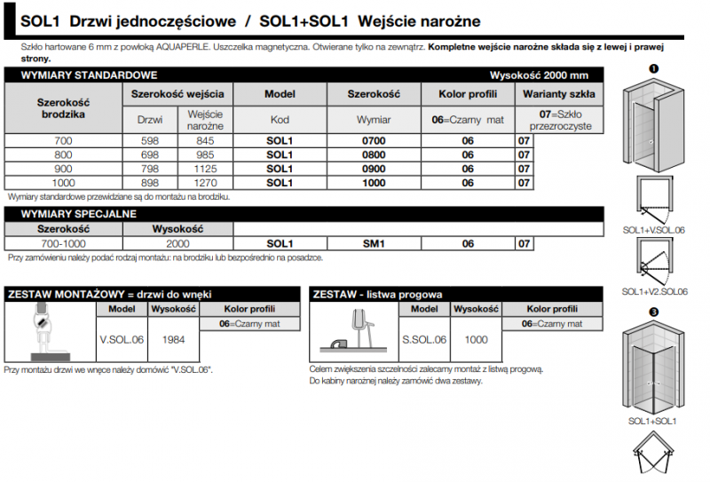 Sanswiss Solino Black Line drzwi otwierane jednoczęściowe ze ścianką stałą w linii 110 cm do wnęki lub ścianki czarny mat przeźroczyste SOL1311000607