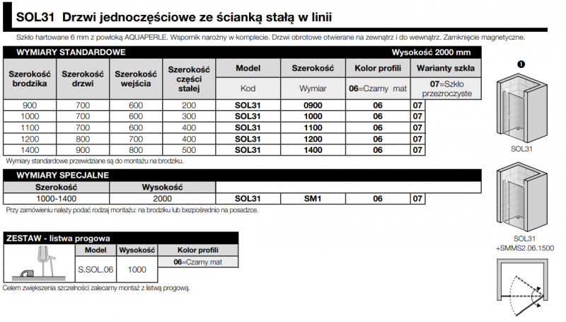 Sanswiss Solino Black Line drzwi wahadłowe jednoczęściowe ze ścianką stałą w linii 90 cm do wnęki lub ścianki czarny mat przeźroczyste SOL3109000607